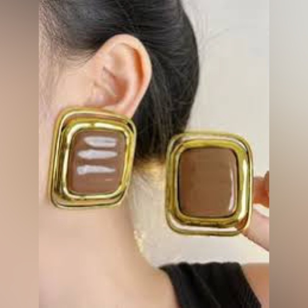 ✨ Bold Square Statement Earrings – Gold & Brown Retro Style - Picture 3 of 11